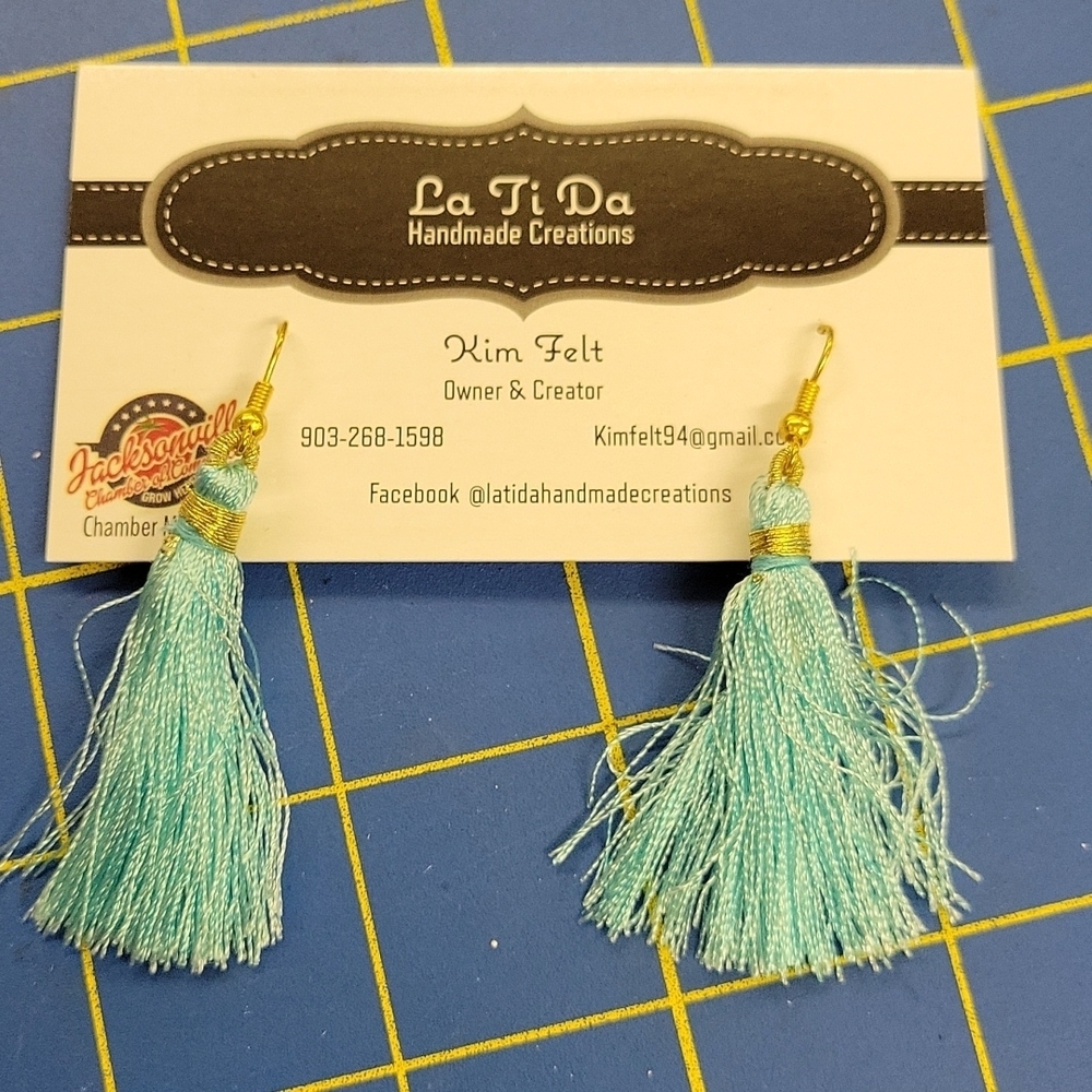 Blue & Gold Fiber Tassel Earrings 1.5"